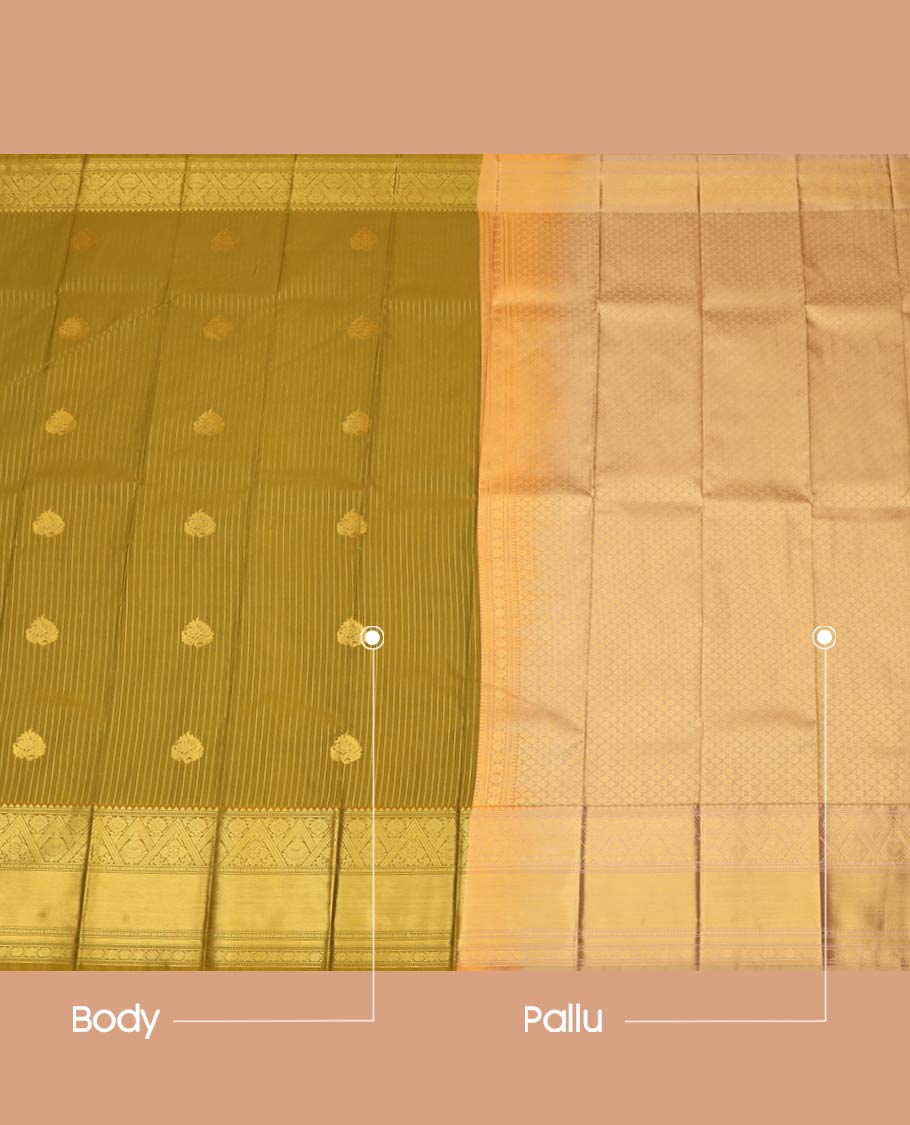 Green Budget Silk Saree Depicting Zari Buttas and Stripes, Subtle Self-Border of Traditional Zari Designs, Featuring a Contrast Pallu of Jaal Design, and Paired with a Contrast Blouse