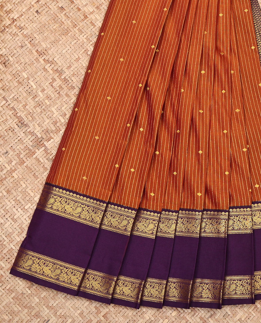 Orange Budget Silk Saree, Adorned with Butta and Stripes All Over Its Body, Complemented by a Contrast Traditional Zari Design Rettai Pettu Border, Intricate Pallu, and Paired with a Contrast Blouse