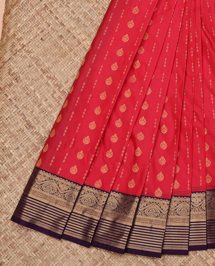 Red Budget Silk Saree, Woven with Zari Buttas All Over Its Body, Complemented by a Contrast Traditional Zari Border, Grand Jaal Pallu, and Paired with a Contrast Blouse