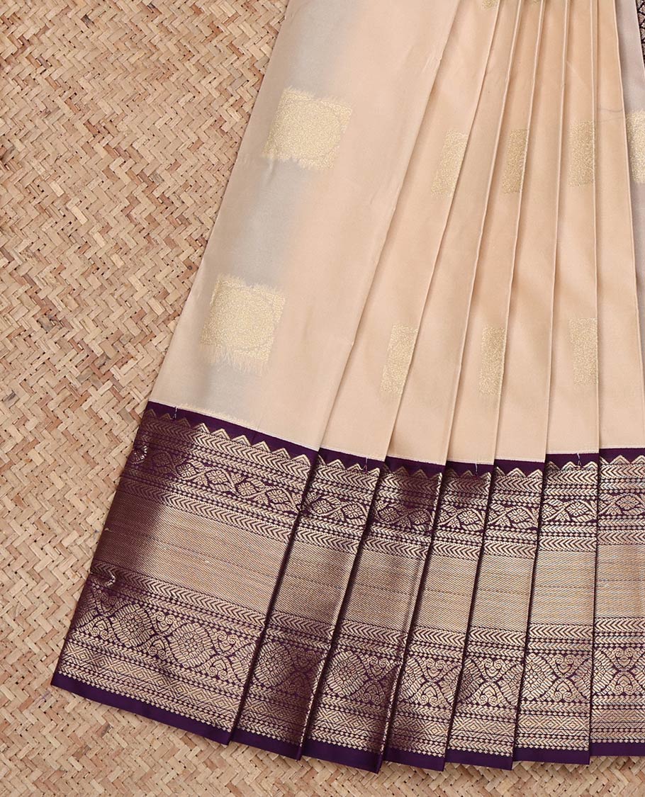 Beige Budget Silk Saree, Sparsely Woven with Zari Buttas on Its Body, Complemented by a Contrast Traditional Zari Design Border, Grand Jaal Pallu, and Paired with a Contrast Blouse