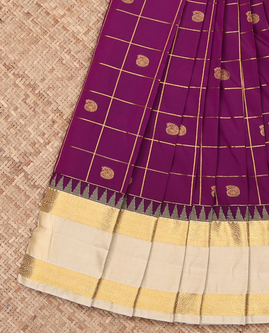 Purple Budget Silk Saree, Woven with Zari Butta Enclosed Checked Design on Its Body, Complemented by a Contrast Traditional Zari Design Rettai Pettu Temple Border, Pallu of Jaal Designs, and Paired with a Contrast Blouse