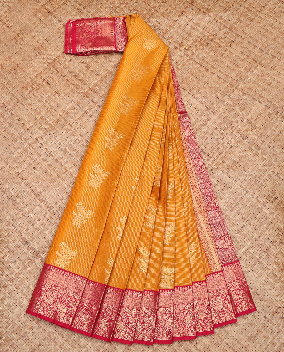 Orange Budget Silk Saree, Enriched with Zari Buttas and Stripes, Complemented by a Contrast Traditional Zari Design Border, Intricately Designed Pallu, and a Contrast Blouse