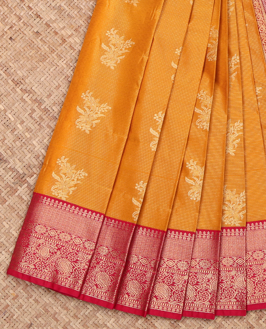 Orange Budget Silk Saree, Enriched with Zari Buttas and Stripes, Complemented by a Contrast Traditional Zari Design Border, Intricately Designed Pallu, and a Contrast Blouse