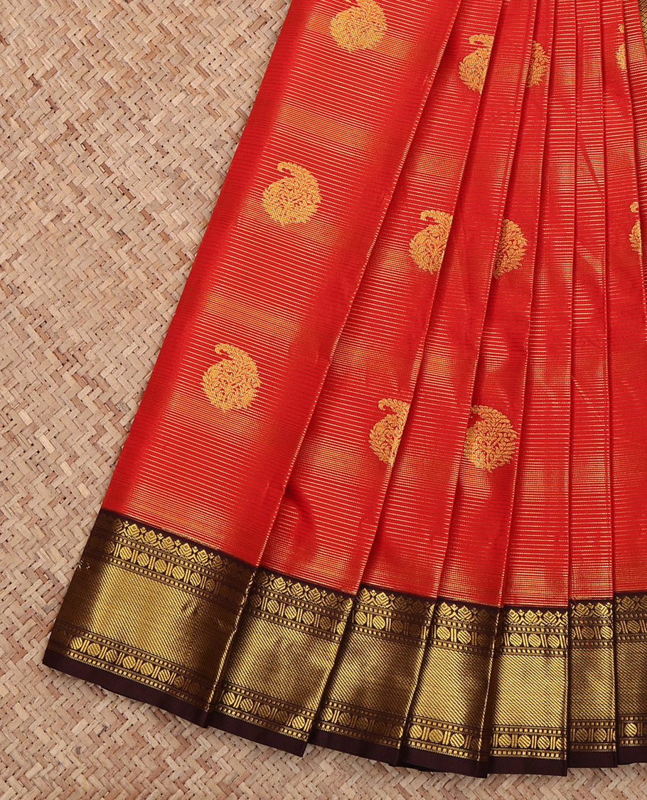 Red Budget Silk Saree, Richly Detailed with Zari Buttas and Stripes, Complemented by Contrast Traditional Border, Grand Pallu and a Contrast Blouse