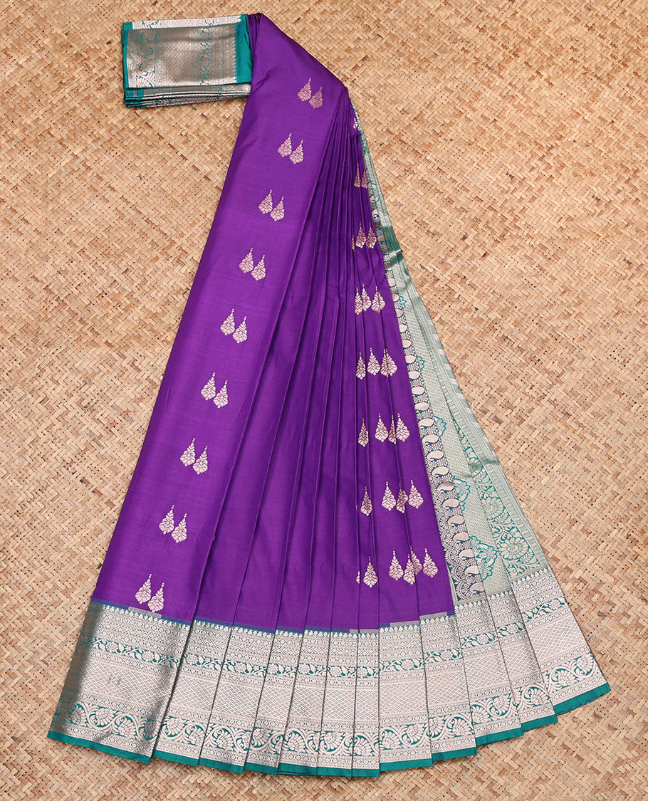 Violet Budget Silk Saree, Highlighted by Zari Buttas, Complemented by a Contrast Traditional Zari Border, Intricately Designed Pallu, and a Contrast Blouse