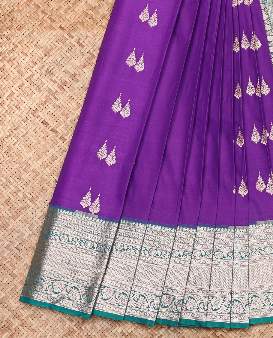 Violet Budget Silk Saree, Highlighted by Zari Buttas, Complemented by a Contrast Traditional Zari Border, Intricately Designed Pallu, and a Contrast Blouse