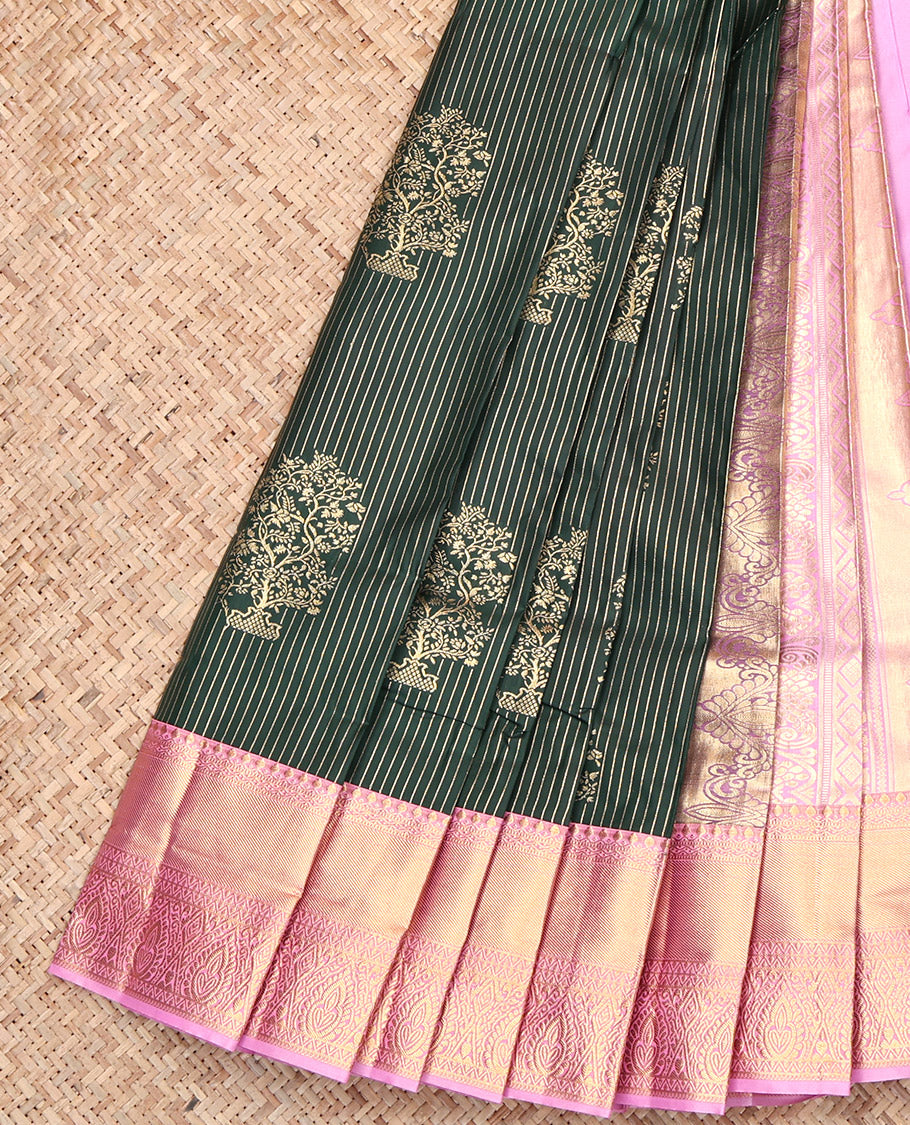Green Budget Silk Saree, Adorned with Zari Buttas and Stripes, Contrast Traditional Zari Border, Jaal Pallu, and a Contrast Blouse