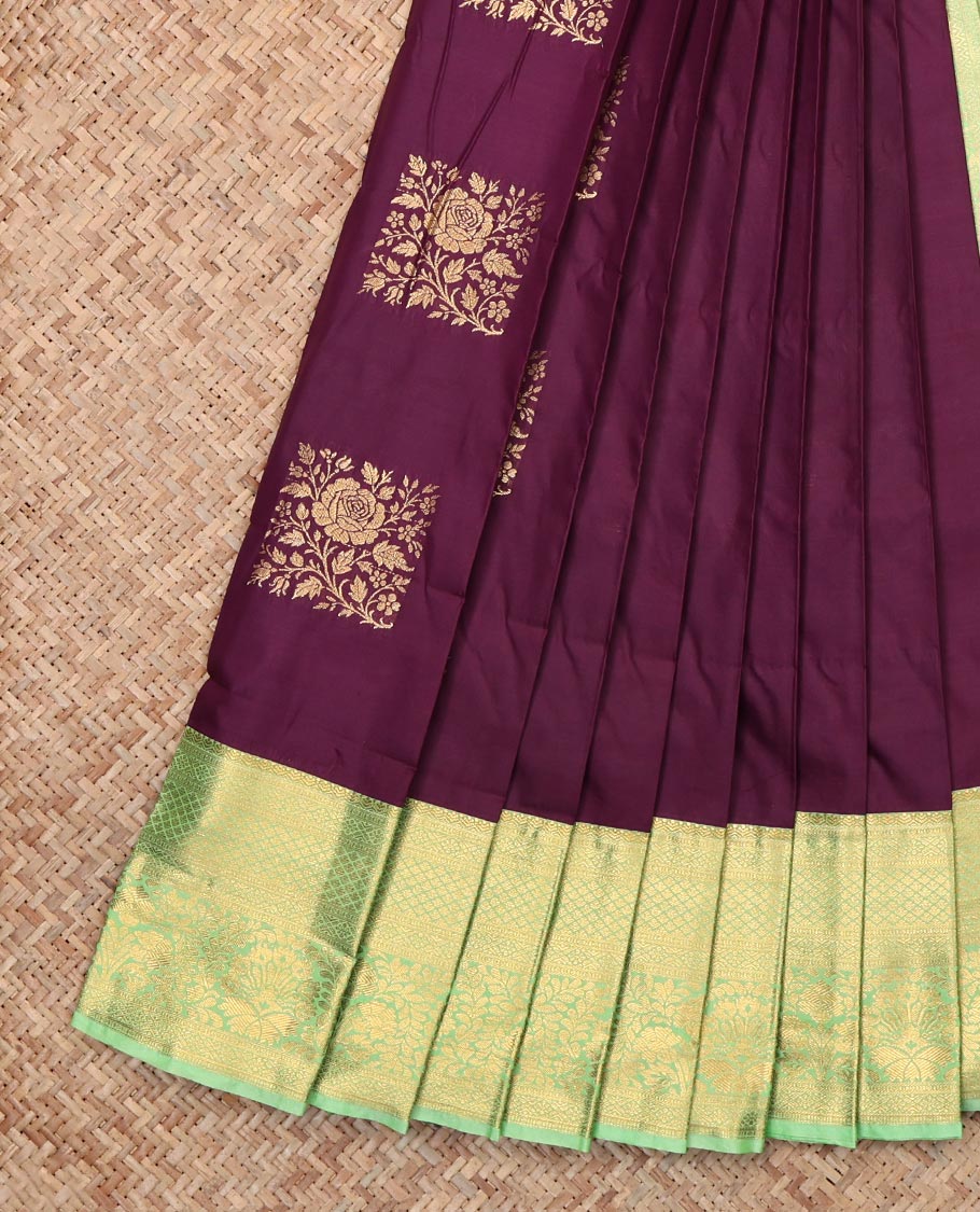 Brown Budget Silk Saree, Spotlighted with Zari Buttas, Complemented by Contrast Traditional Zari Border, Grand Pallu and a Contrast Blouse
