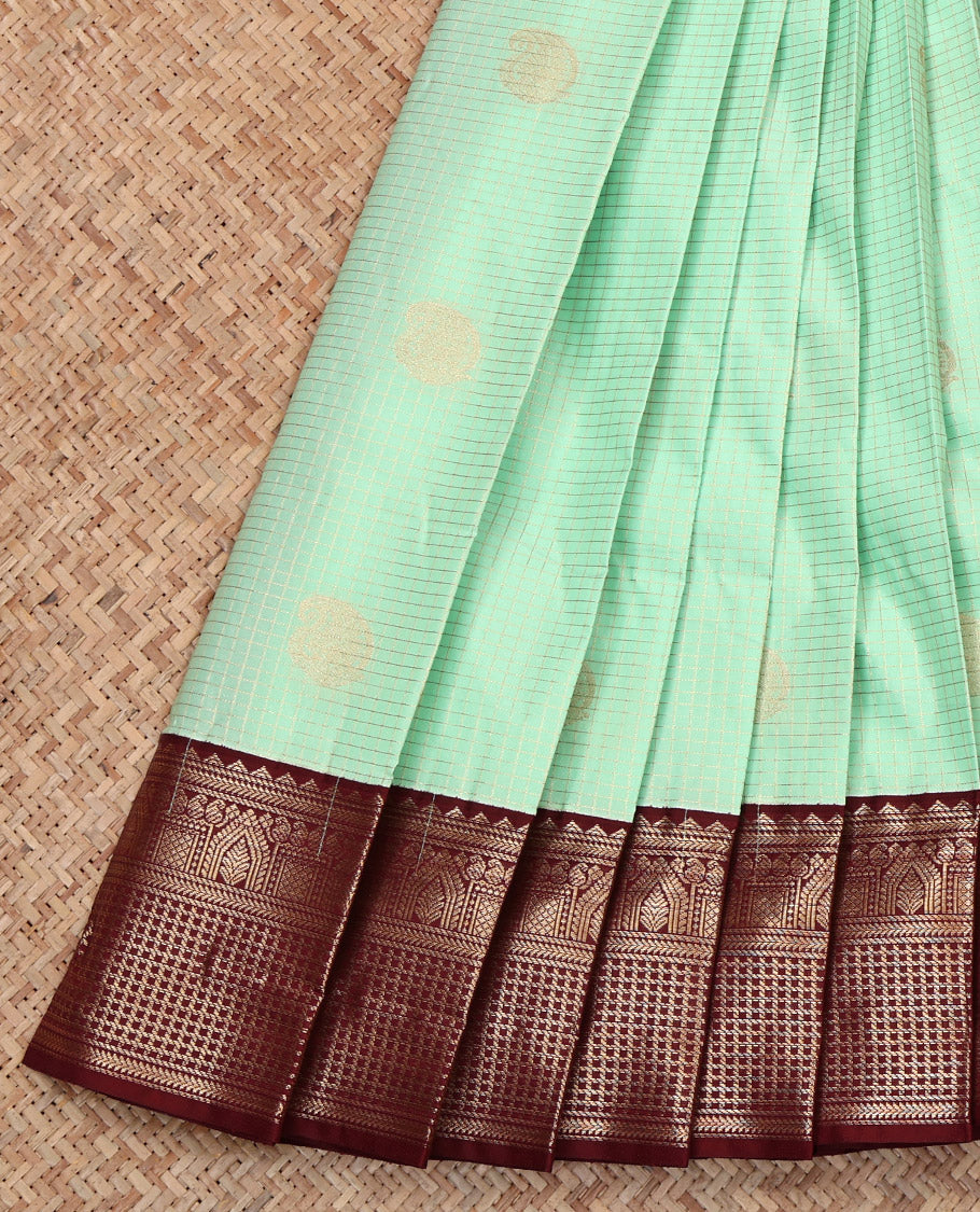 Turquoise Budget Silk Saree, Subtly Enriched with Zari Buttas and Checks, Complemented by Contrast Traditional Zari Border, Jaal Pallu, and a Contrast Blouse