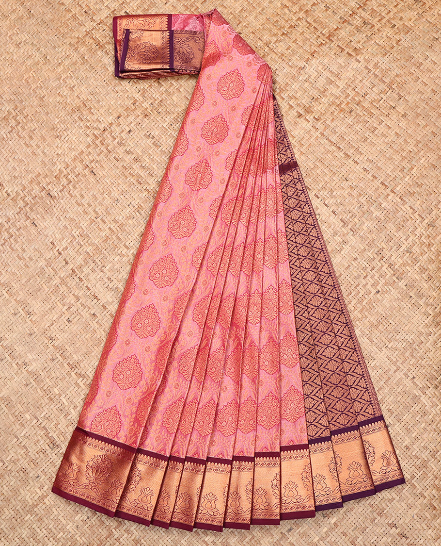 Pink Budget Silk Saree, Enriched with Jacquard, a Contrast Traditional Zari Border, Jaal Pallu, and a Contrast Blouse