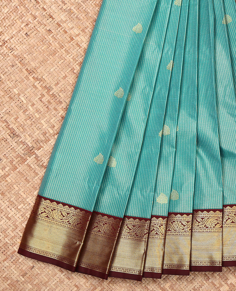 Green Budget Silk Saree, Mesmerized with Zari Buttas and Checks, Complemented by a Contrast Traditional Zari Border, Geometric Pallu, and a Contrast Blouse