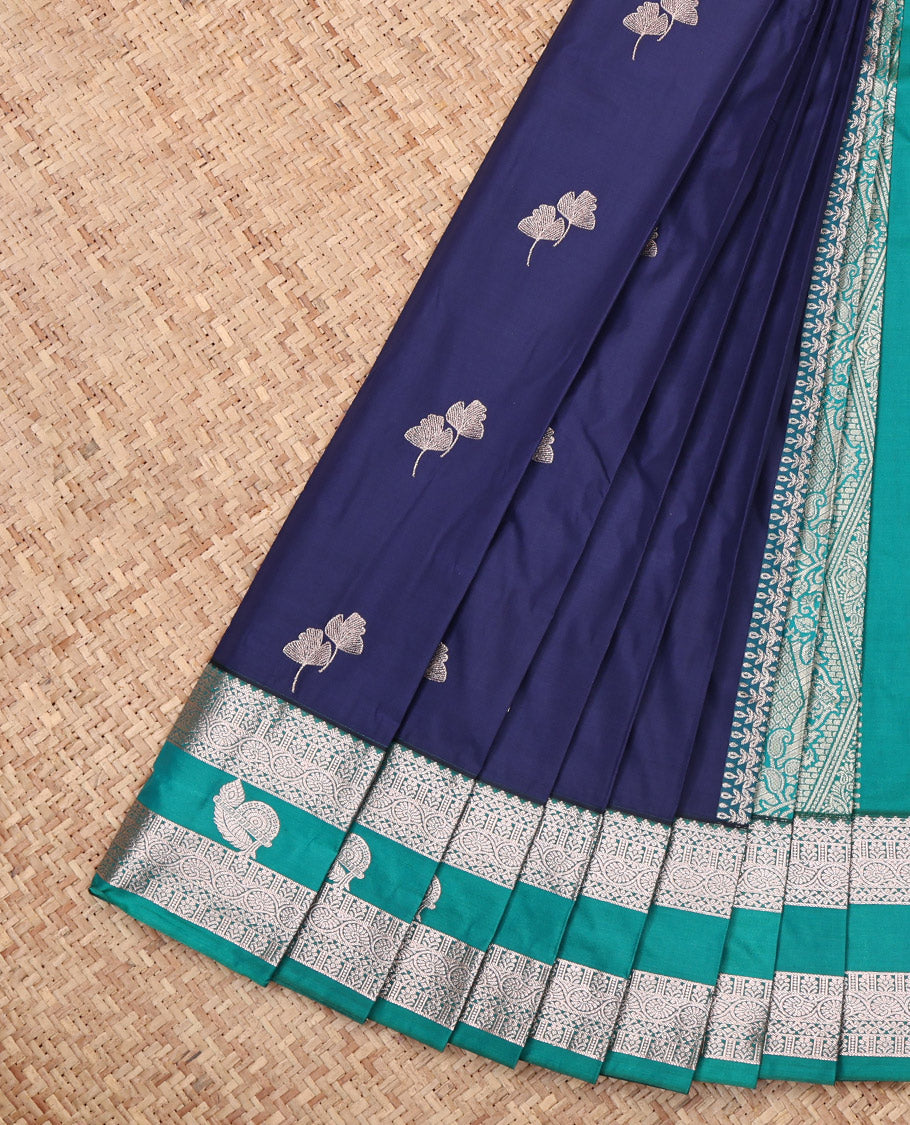 Blue Budget Silk Saree, Bedecked with Zari Buttas, Complemented by a Contrast Traditional Zari Border, Grand Pallu, and Contrast Blouse