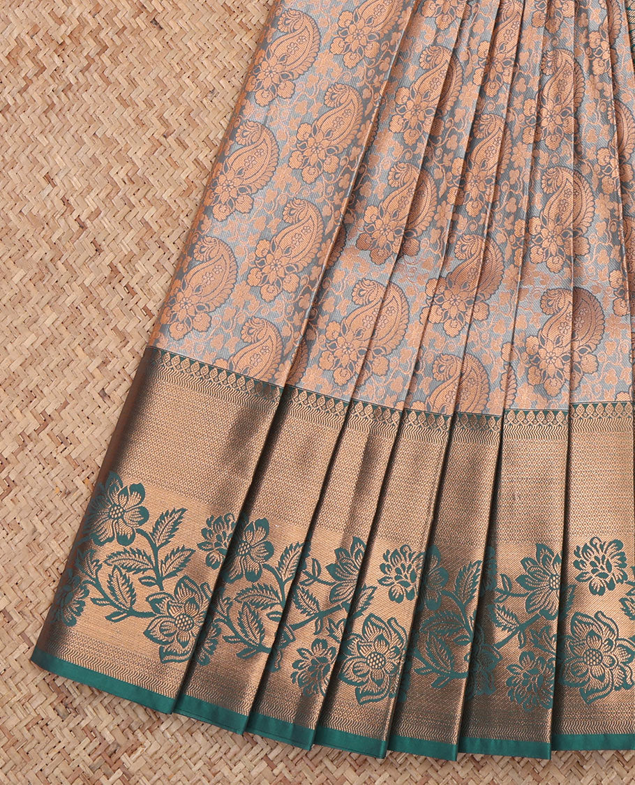 Grey Budget Silk Saree, Accentuated with a Jacquard Design, Complemented by a Contrast Floral Creeper Zari Border, Grand Pallu, and Contrast Blouse