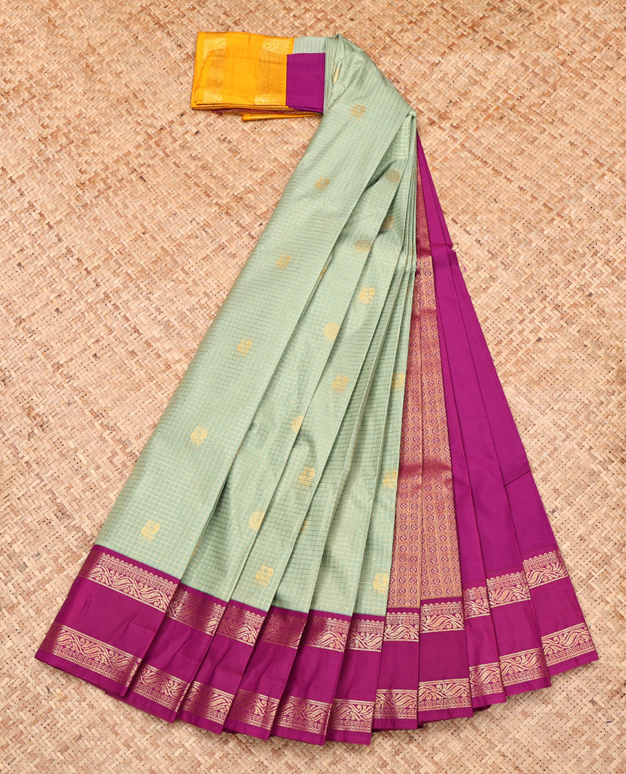 Green Budget Silk Saree, Subtly Sparkled with Zari Buttas and Checks, Complemented by a Contrast Traditional Rettai Pettu Ganga-Jamuna Border, Intricate Pallu, and Contrast Blouse