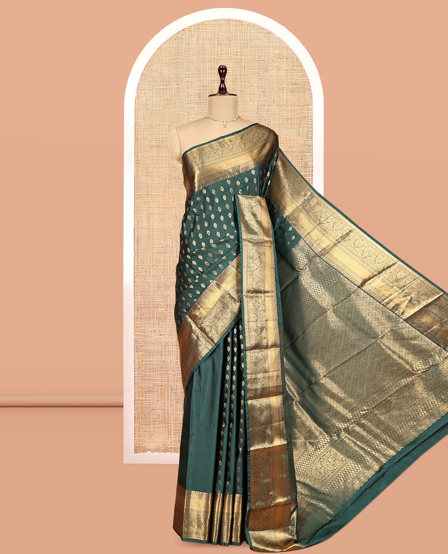 Green Budget Silk Saree, Steeped in Richness of Zari Buttas, Highlighted by a Traditional Border, Grand Pallu, and a Matching Blouse