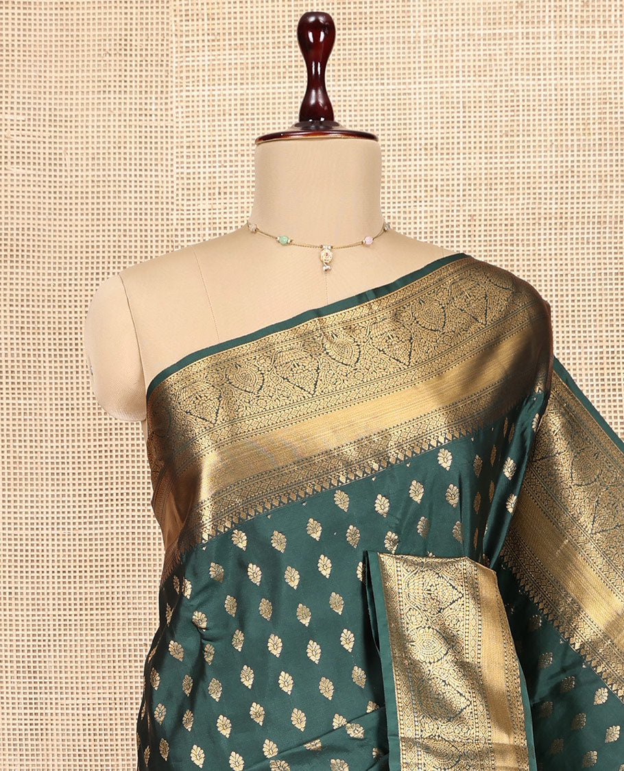 Green Budget Silk Saree, Steeped in Richness of Zari Buttas, Highlighted by a Traditional Border, Grand Pallu, and a Matching Blouse