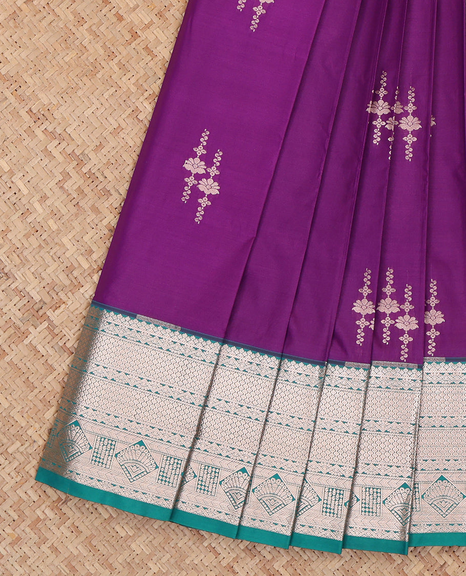 Purple Budget Silk Saree, Bedecked with Zari Buttas, Complemented by a Contrast Traditional Zari Border, Jaal Pallu, and a Contrast Blouse