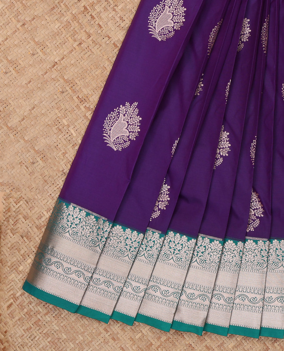 Violet Budget Silk Saree, Enriched with Zari Buttas, a Contrast Traditional Border, Grand Pallu, and a Contrast Blouse