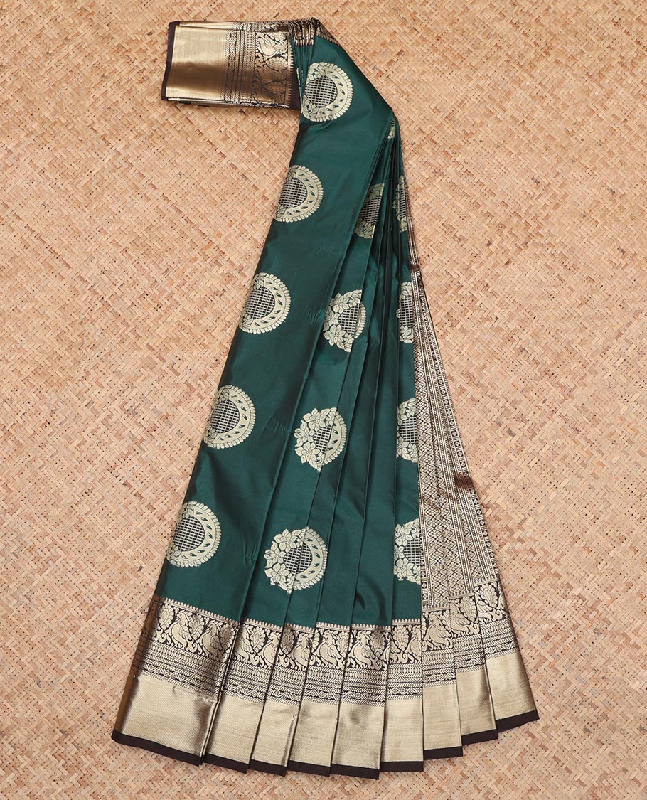 Green Budget Silk Saree, Showcasing with Floral-Circular Buttas, a Contrast Traditional Peacock Zari Border, a Grand Pallu and a Contrast Blouse