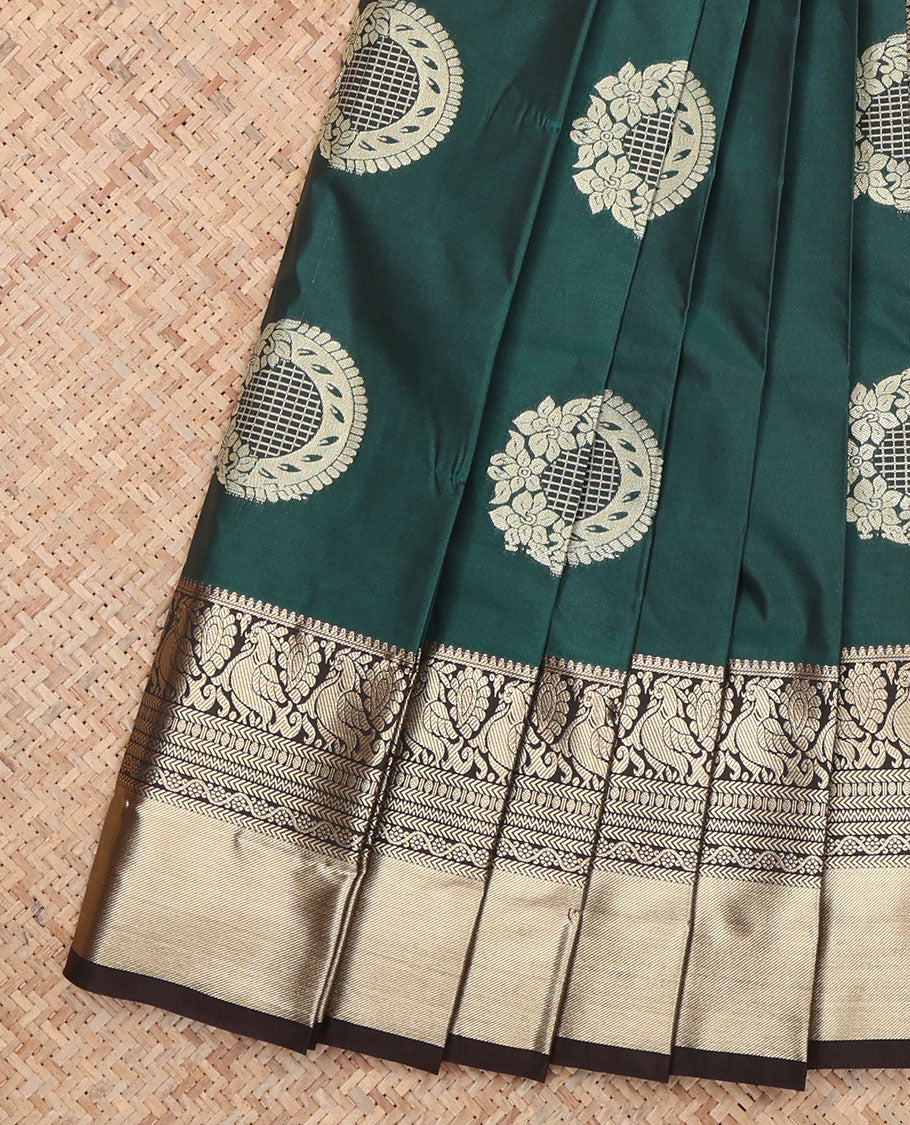 Green Budget Silk Saree, Showcasing with Floral-Circular Buttas, a Contrast Traditional Peacock Zari Border, a Grand Pallu and a Contrast Blouse