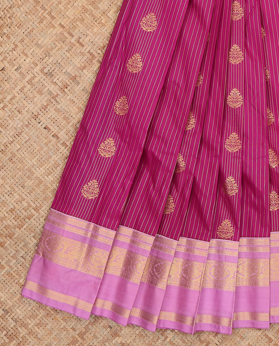 Purple Budget Silk Saree, Detailed with Zari Buttas and Stripes, Complemented by Contrast Traditional Rettai Pettu Border, a Jaal Pallu and a Contrast Blouse