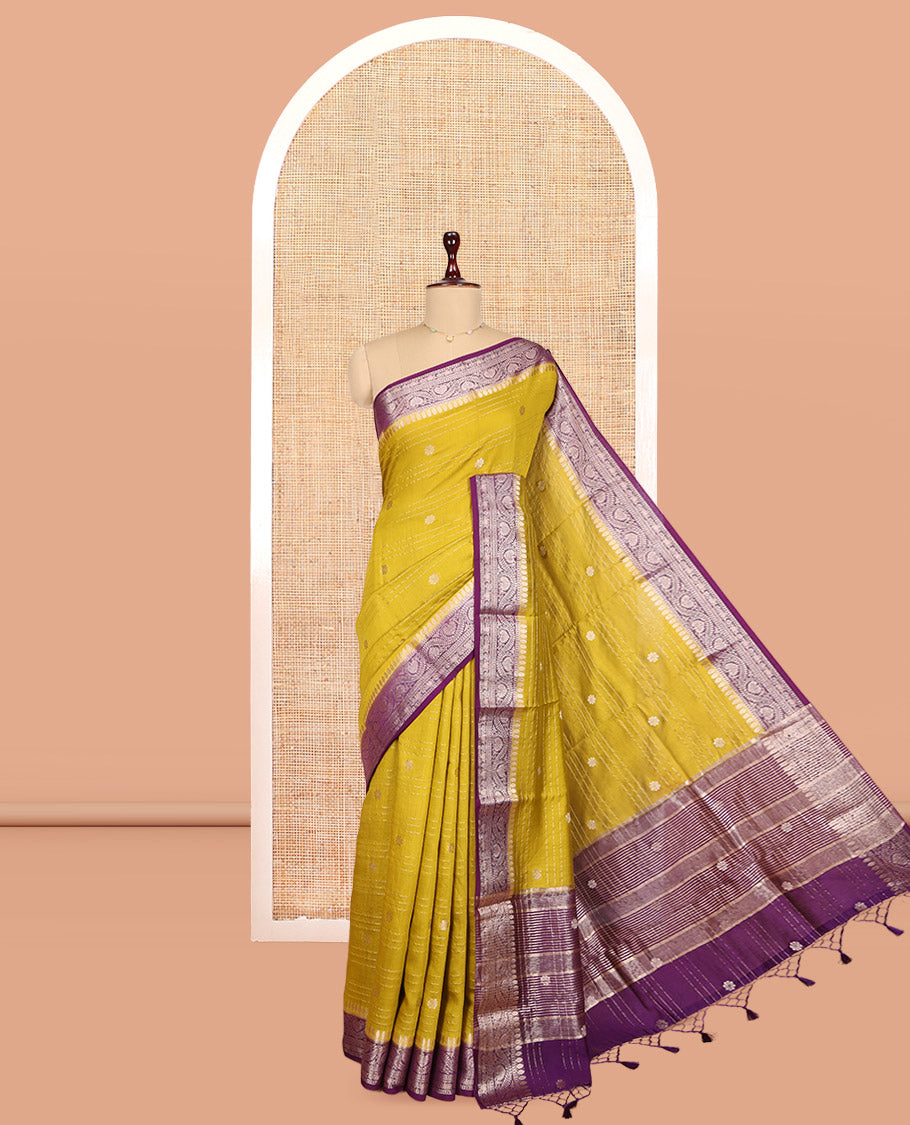 Green Assam Silk Saree, Enriched with Zari Buttas and Stripes, Complemented by Contrast Floral Creeper Zari Border, Zari Woven Pallu, and Contrast Blouse