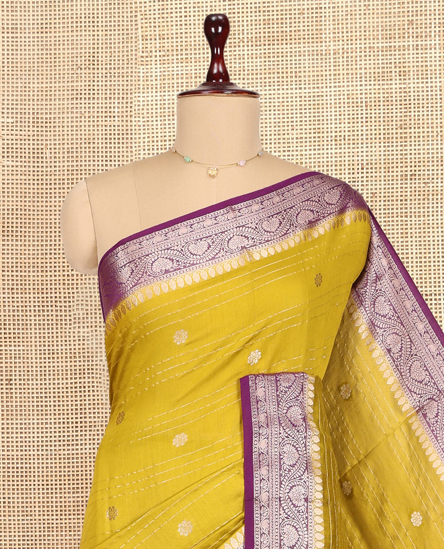 Green Assam Silk Saree, Enriched with Zari Buttas and Stripes, Complemented by Contrast Floral Creeper Zari Border, Zari Woven Pallu, and Contrast Blouse