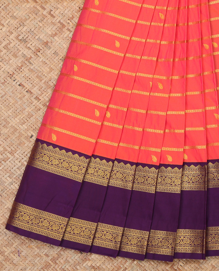 Pink Budget Silk Saree, Prettified with Zari Buttas and Neli Stripes, a Contrast Traditional Zari Rettai Pettu Border, Grand Pallu, and a Contrast Blouse