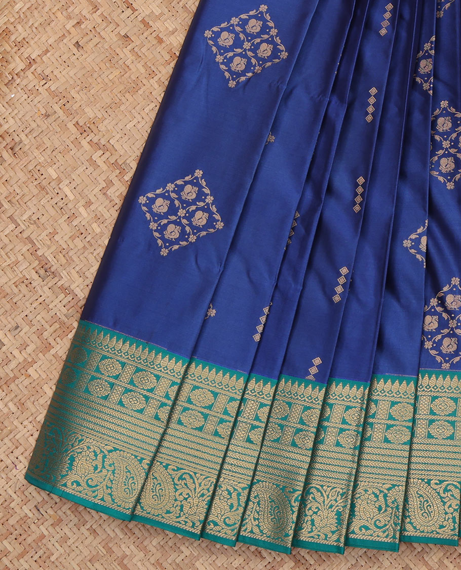 Blue Budget Silk Saree, Enthralled with Zari Buttas, a Contrast Traditional Zari Border, Grand Pallu, and a Contrast Blouse