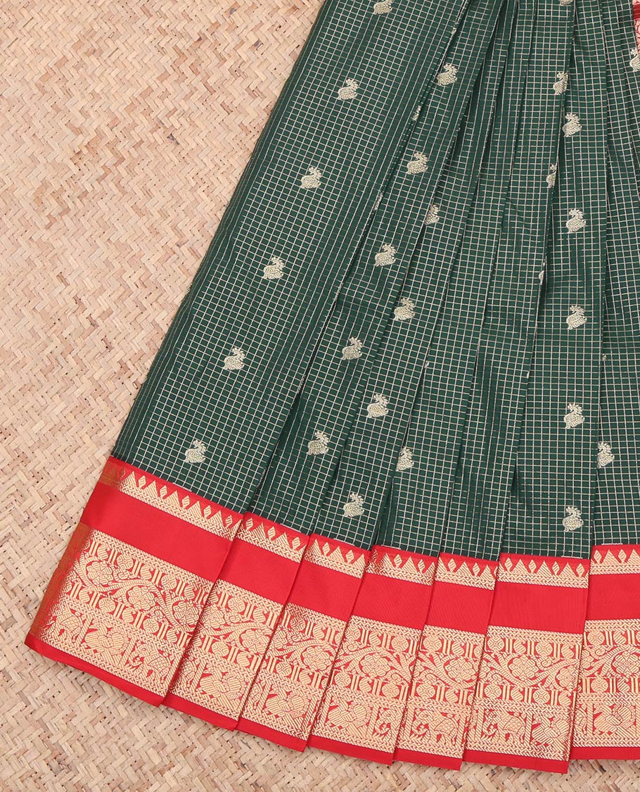 Bottle Green Zari Butta and Checks Budget Silk Saree
