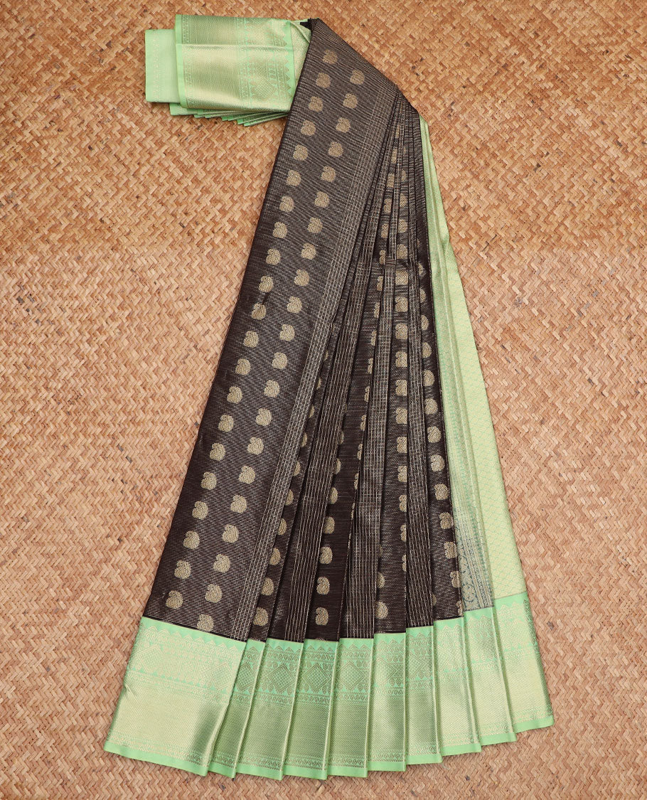 Black jacquard gift saree, contrast traditional zari design border, and jaal pallu