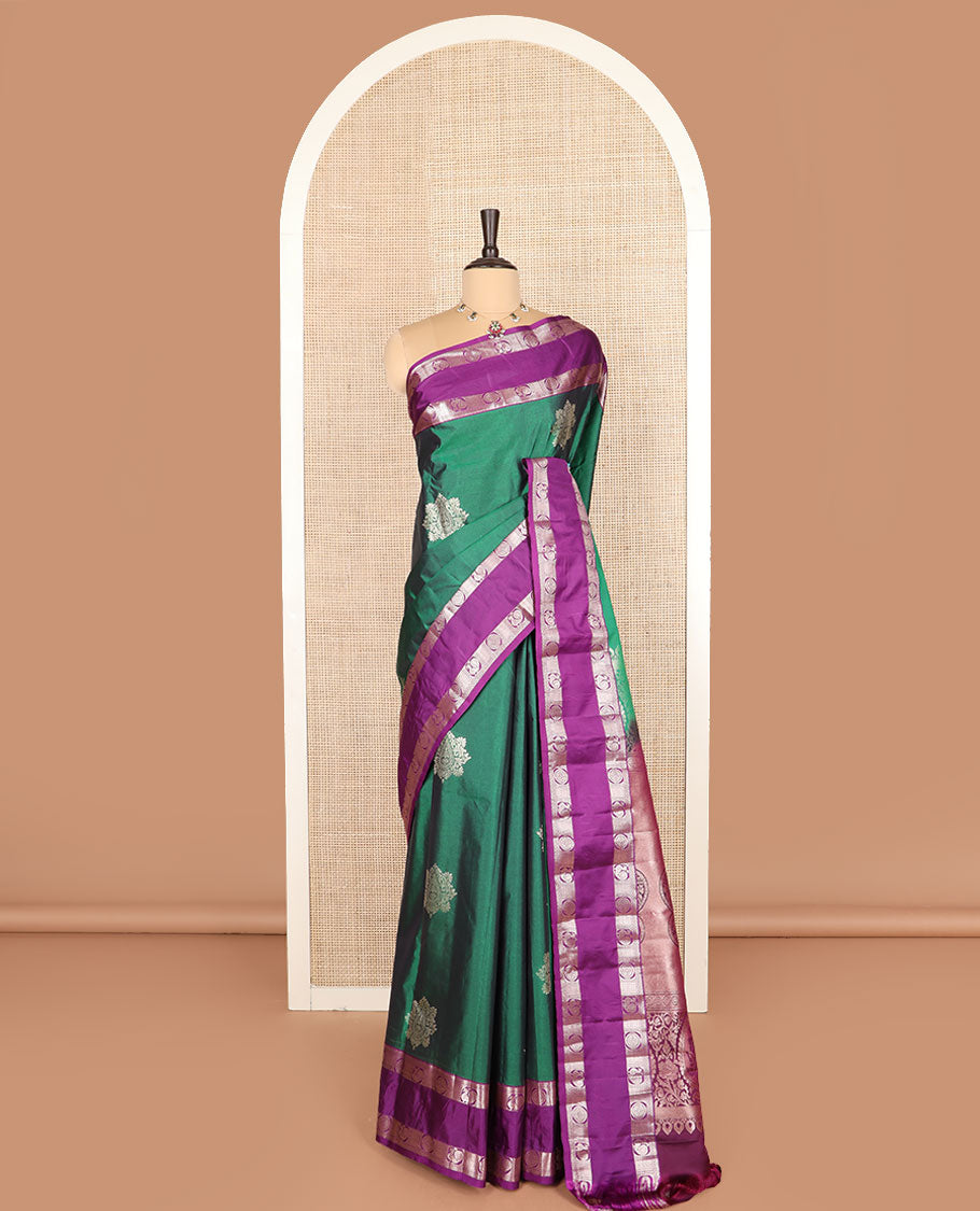 Green zari buttas budget silk saree, contrast rettai pettu traditional zari border, and intricately designed pallu