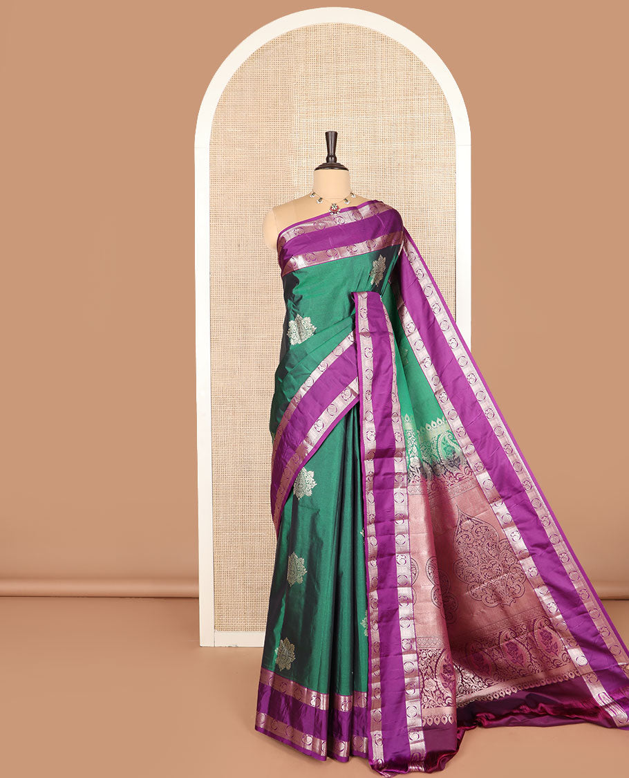 Green zari buttas budget silk saree, contrast rettai pettu traditional zari border, and intricately designed pallu