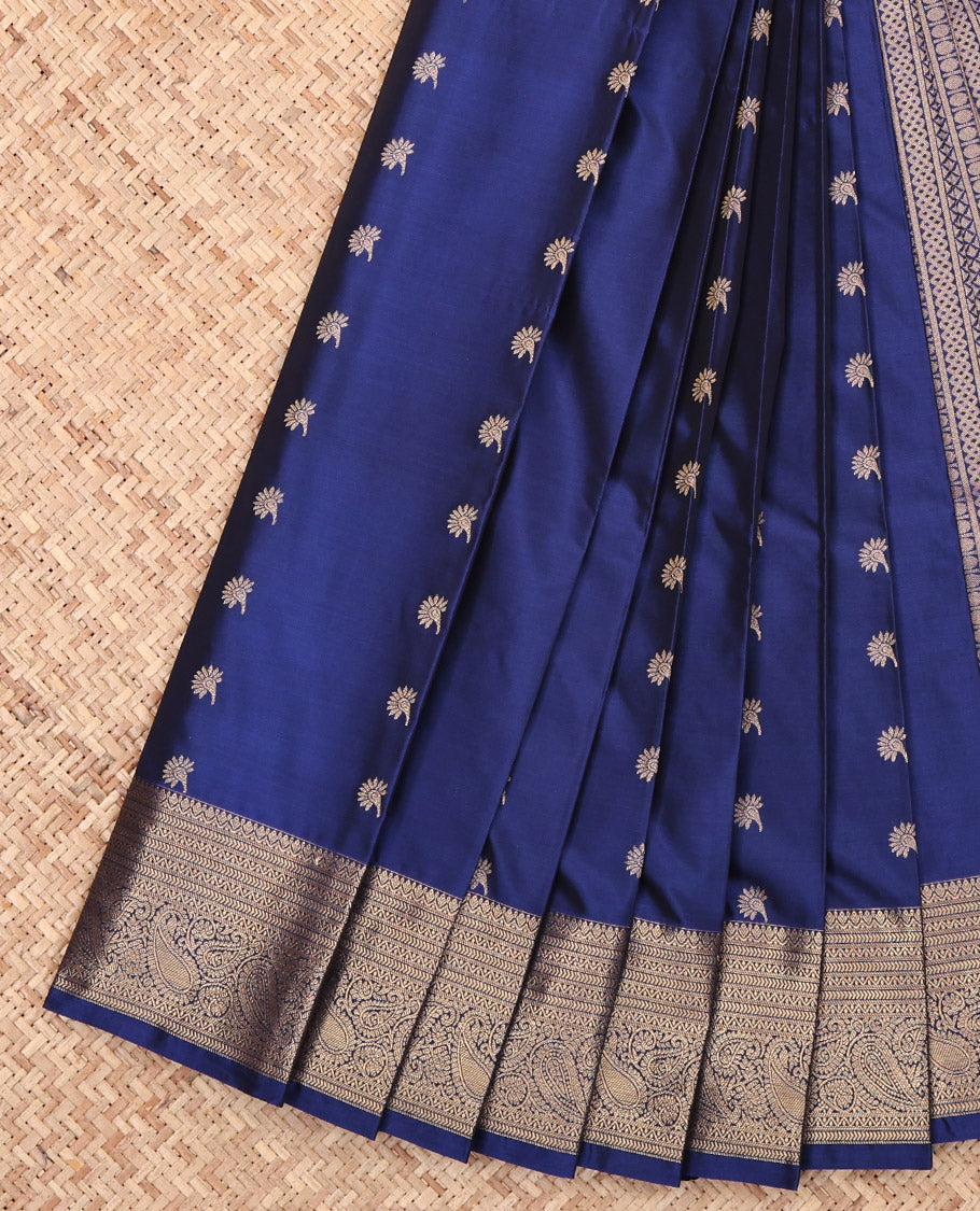 Blue Budget Silk Saree, Detailed with Zari Buttas, Highlighted by a Traditional Zari Border, Geometric Pallu, and a Matching Blouse