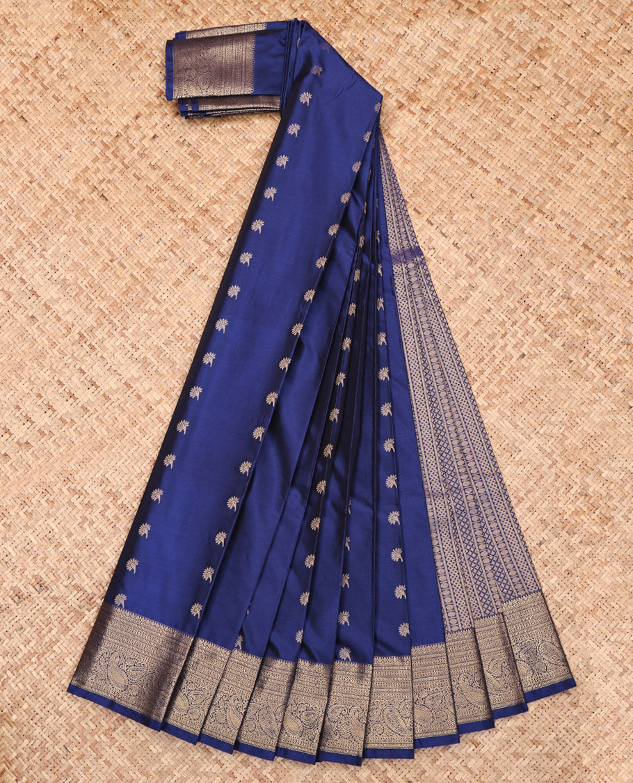 Blue Budget Silk Saree, Detailed with Zari Buttas, Highlighted by a Traditional Zari Border, Geometric Pallu, and a Matching Blouse