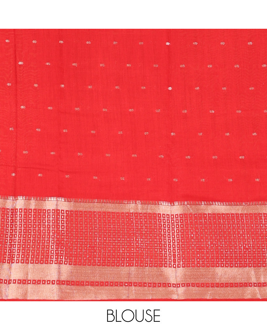 Yellow Assam Silk Saree Adorned with All-Over Buttas, Featuring a Contrast Temple Border of Butta Enclosed Checked Design, a Pallu Steeped with Zari Stripes, and Paired with a Contrast Zari Design Blouse