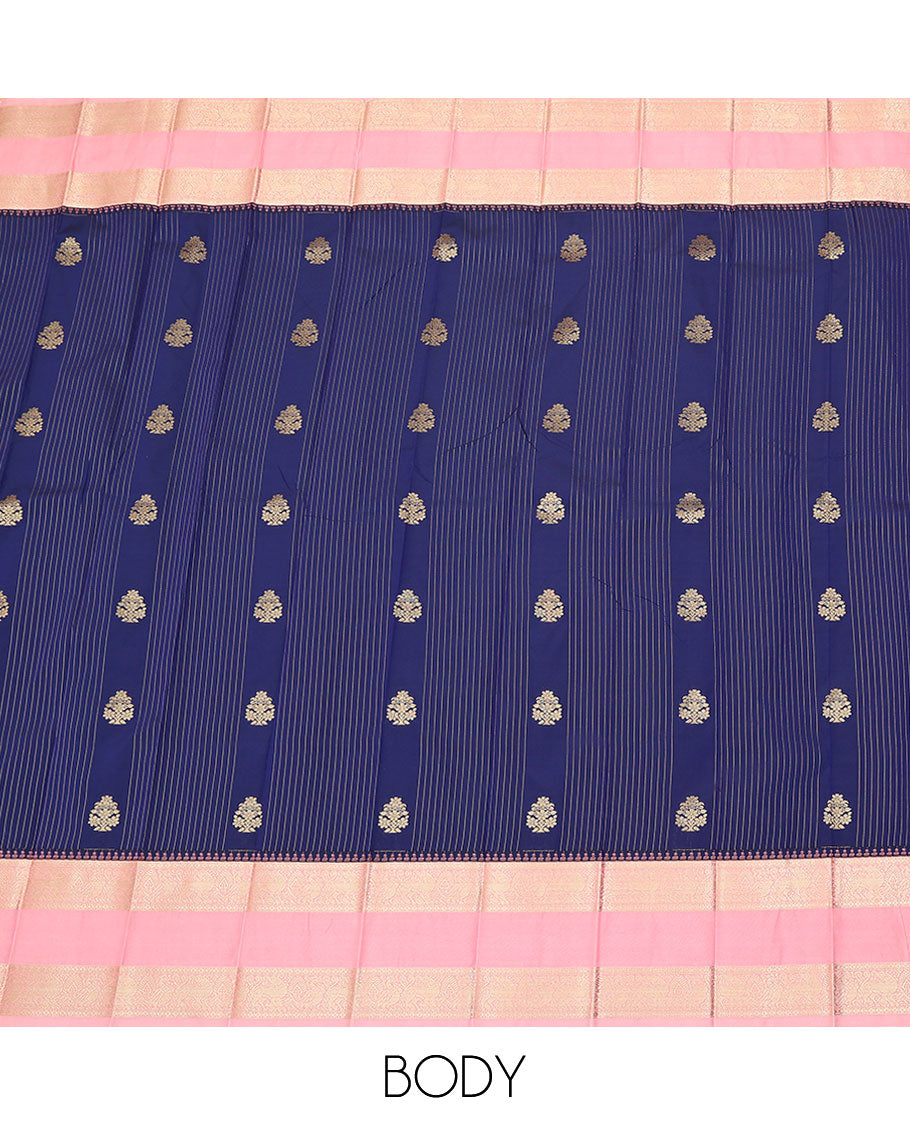 Blue zari buttas and striped budget silk saree, contrast traditional zari design border, and jaal pallu