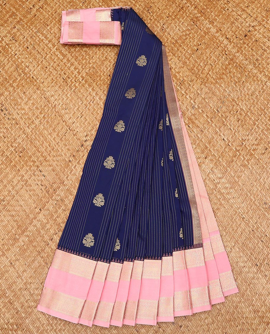 Blue zari buttas and striped budget silk saree, contrast traditional zari design border, and jaal pallu