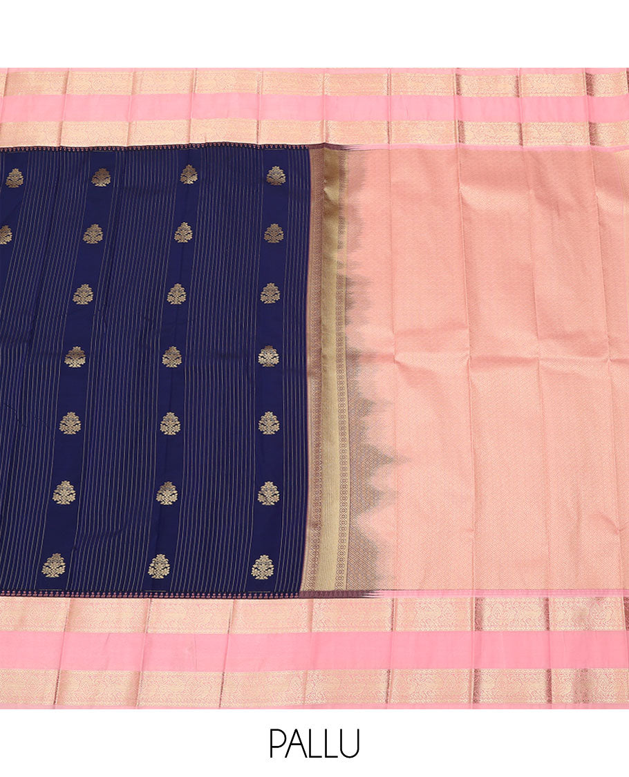 Blue zari buttas and striped budget silk saree, contrast traditional zari design border, and jaal pallu