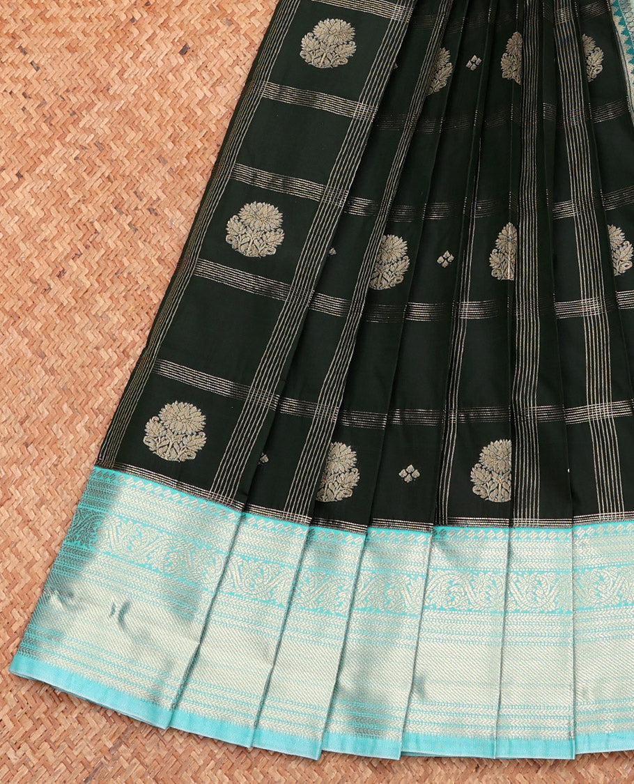 Green Budget Silk Saree, Adorned with Zari Butta Enclosed Checks, Complemented by a Contrast Traditional Zari Border, Jaal Pallu, and Contrast Blouse