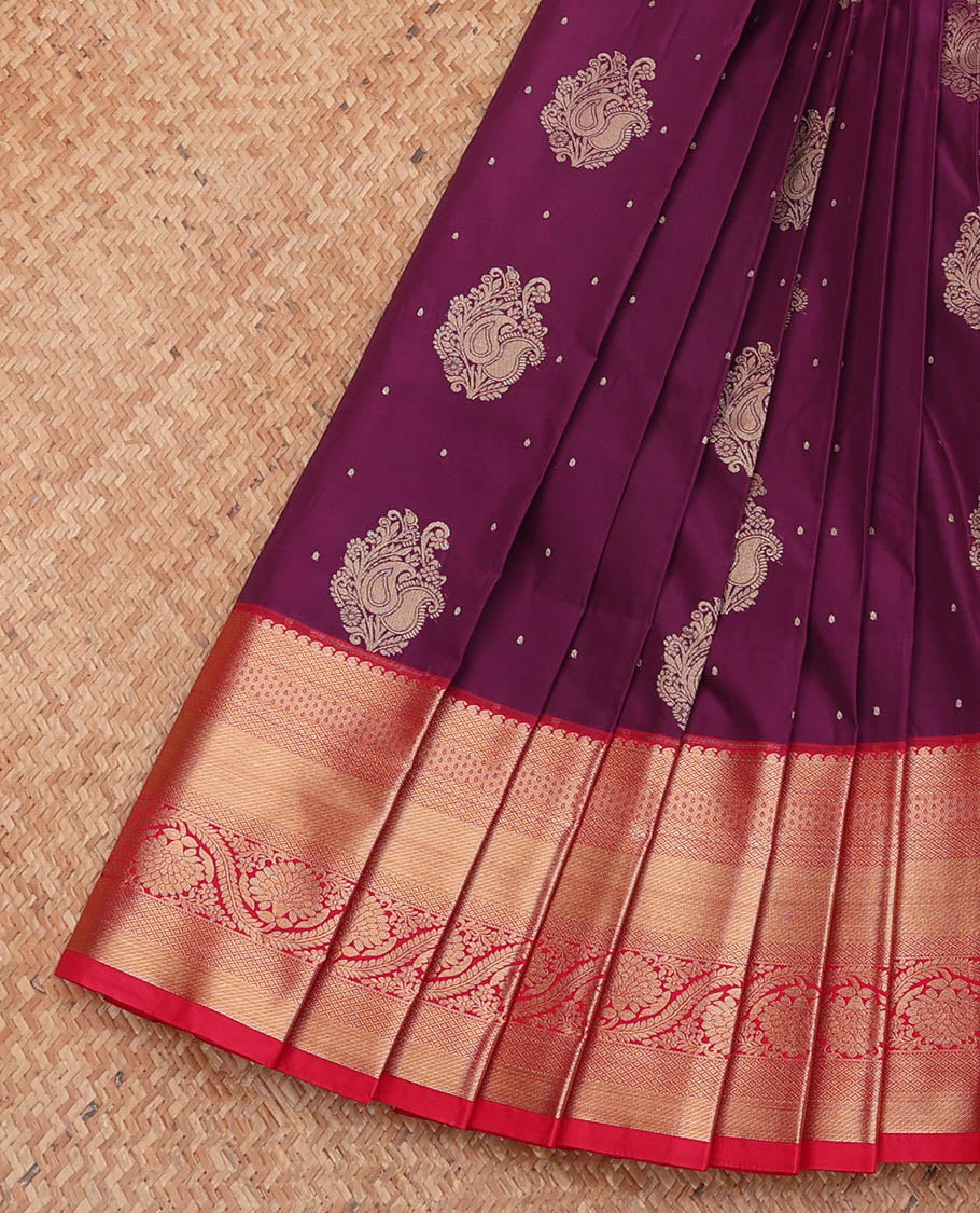 Purple Budget Silk Saree, Delicately Woven with Zari Buttas, Complemented by a Contrast Traditional Zari Design Border, Grand Pallu, and a Contrast Blouse