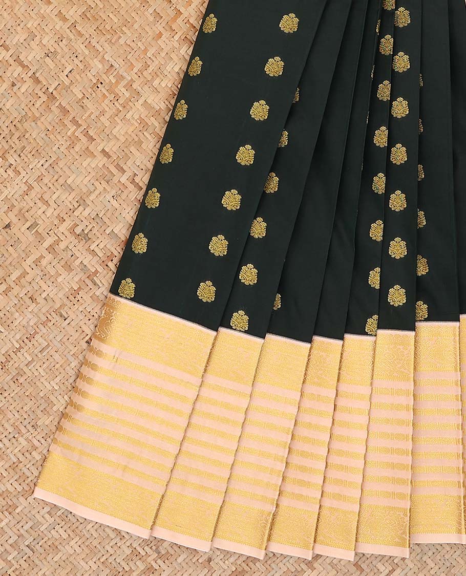 Black zari buttas gift saree, contrast traditional zari design border, and jaal pallu