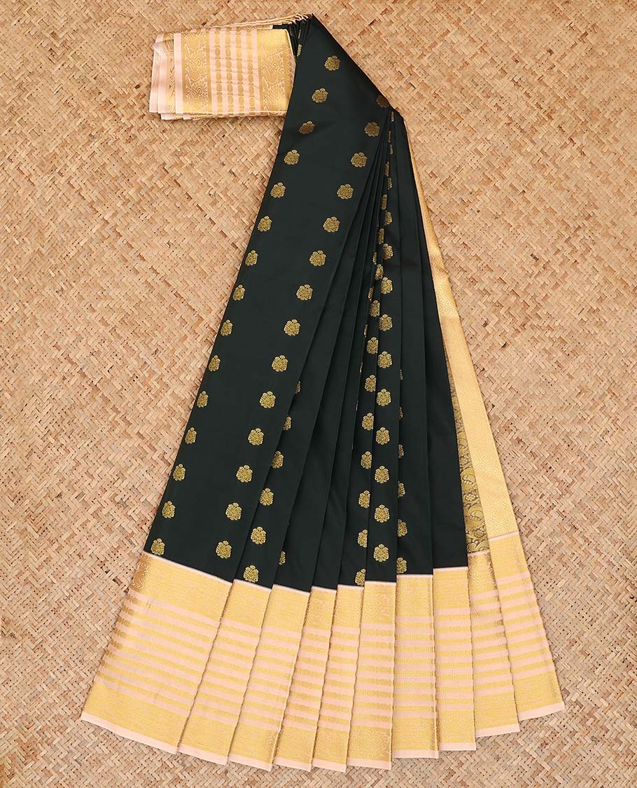 Black zari buttas gift saree, contrast traditional zari design border, and jaal pallu