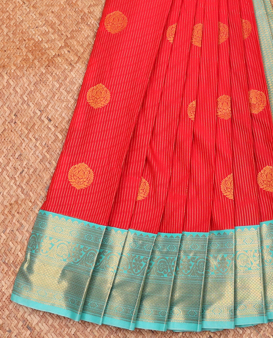 Red Budget Silk Saree, Steeped with Zari Buttas and Stripes All Over Its Body, Complemented by Contrast Traditional Zari Designs Woven Border, Grand Jaal Pallu, and Paired with a Contrast Blouse