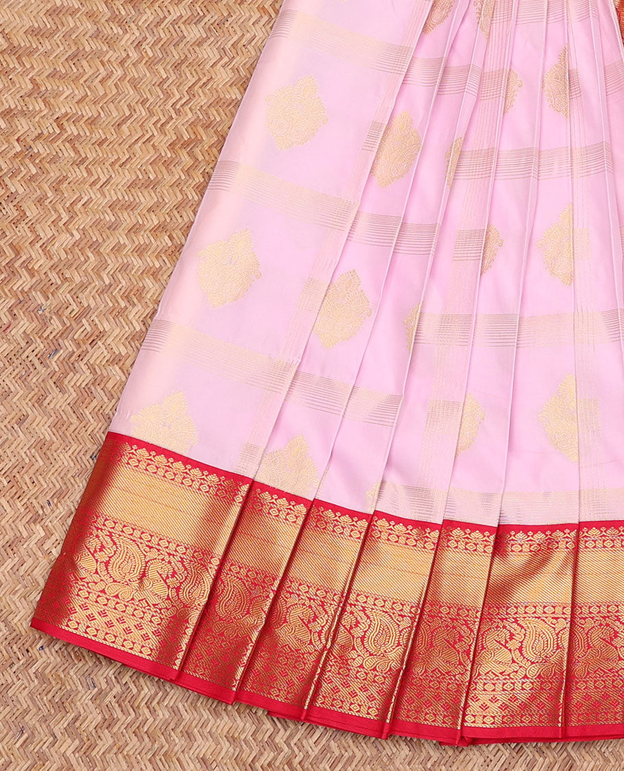 Baby Pink Budget Silk Saree, Sparsely Woven with Zari Designs, Complemented by a Contrast Traditional Border, Intricate Pallu, and a Contrast Blouse
