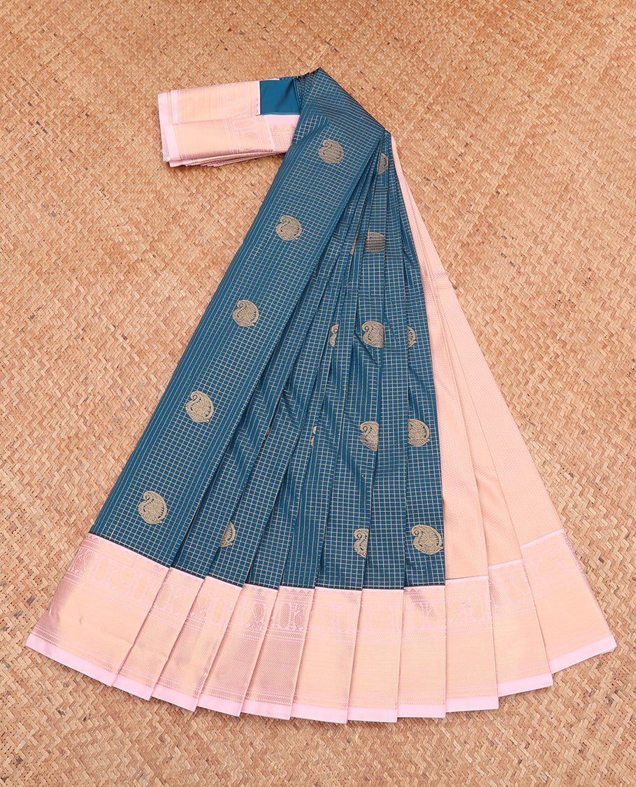Blue Budget Silk Saree, Detailed with Zari Buttas and Checks, Complemented by Contrast Traditional Zari Border, Zari Pallu, and a Contrast Blouse