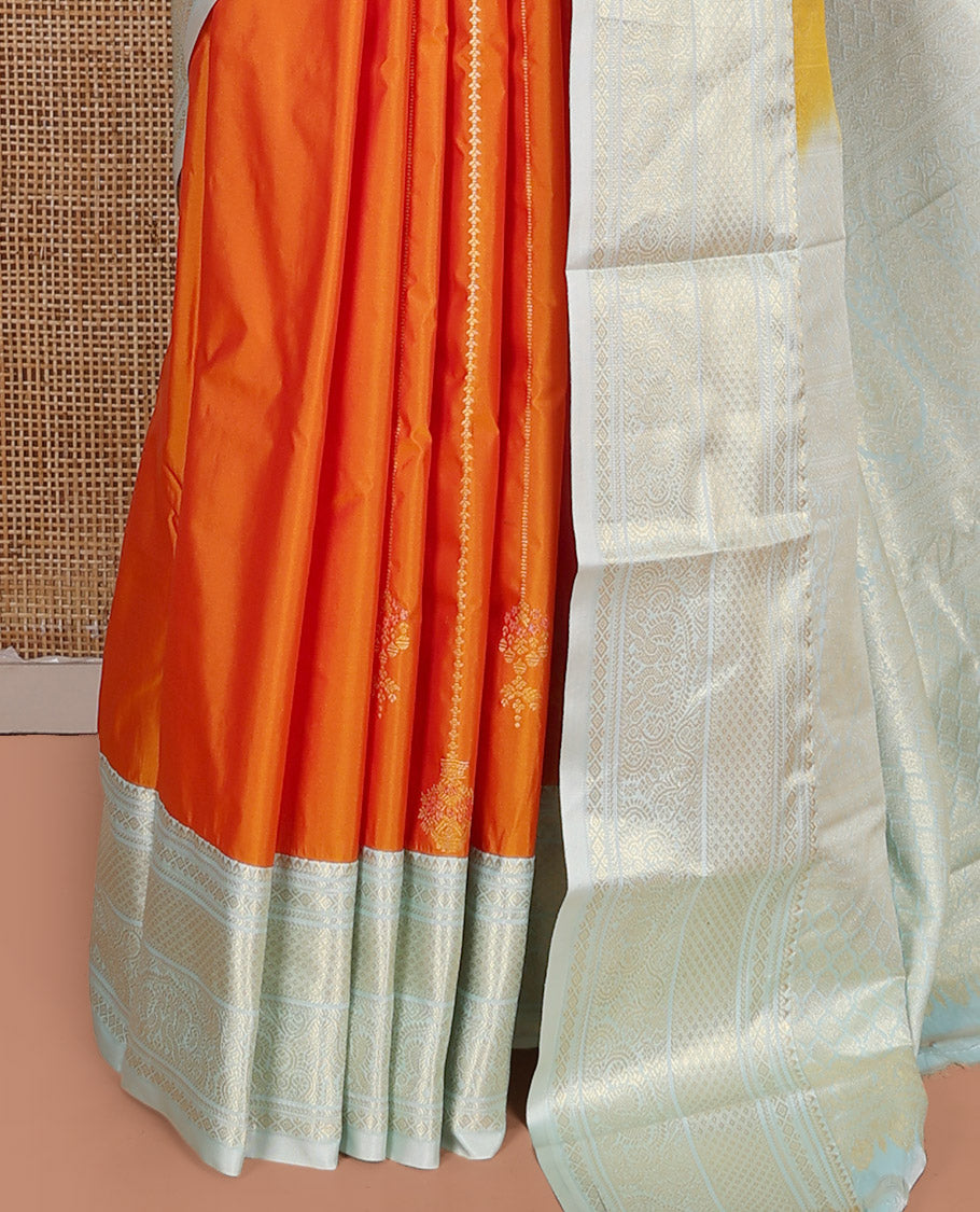 Orange Budget Silk Saree, Steeped in Richness of Zari Buttas on Its Body, Complemented by a Contrast Traditional Zari Design Border, Intricately Designed Pallu, and Paired with a Contrast Blouse
