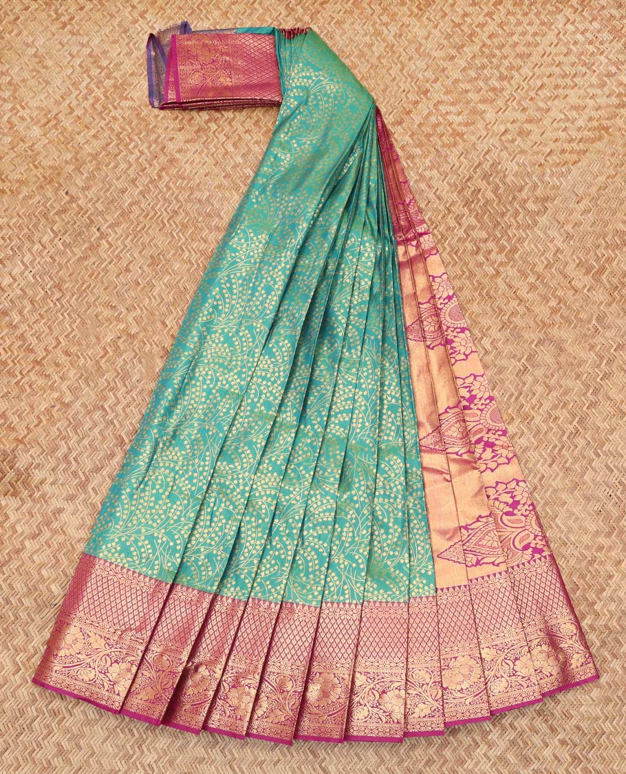 Blue Budget Silk Saree, Featuring Jacquard Design, Complemented by Contrast Traditional Zari Border, a Grand Pallu and a Contrast Blouse
