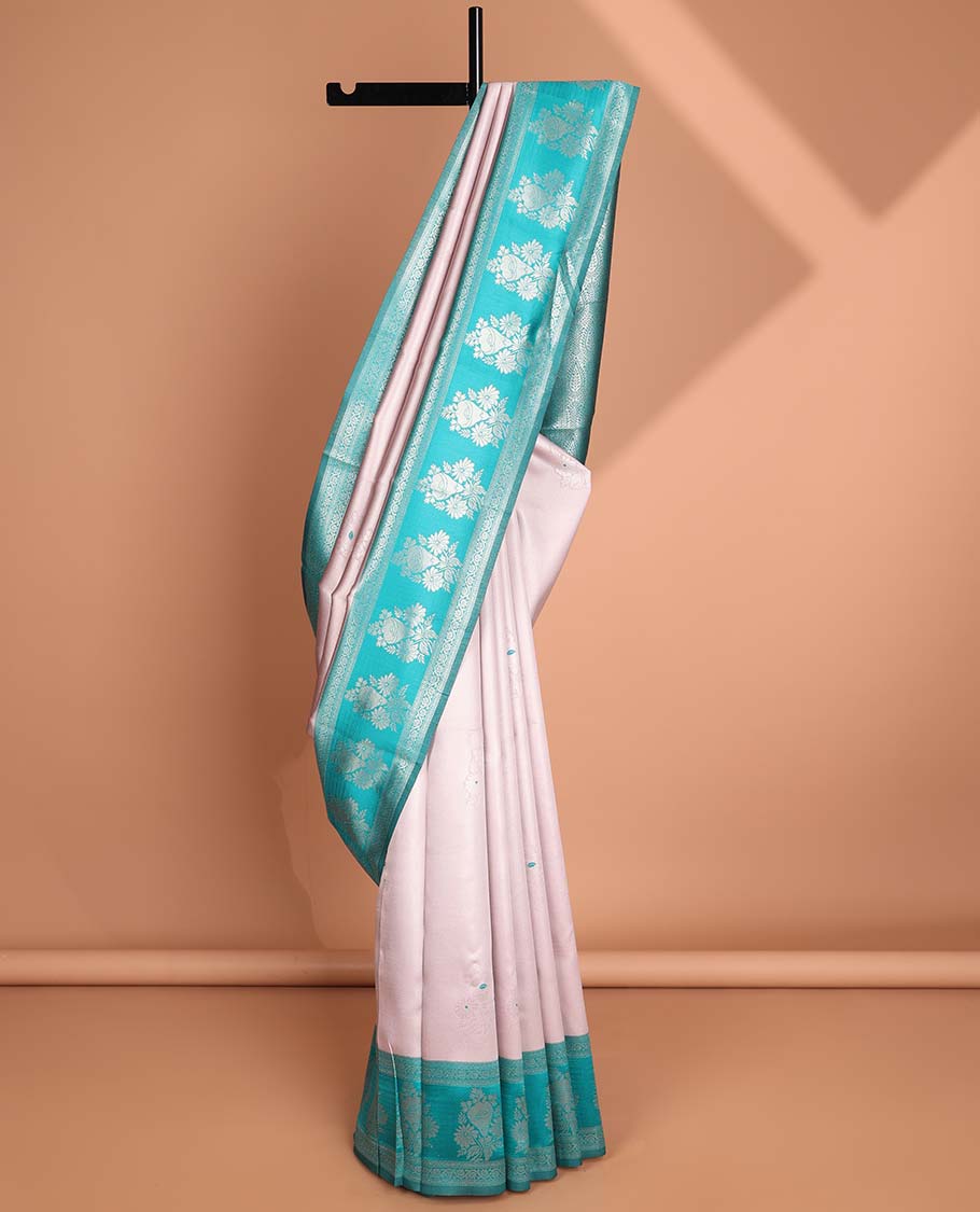 Mauve floral motifs litchi silk saree with contrast floral design border & floral jaal design pallu