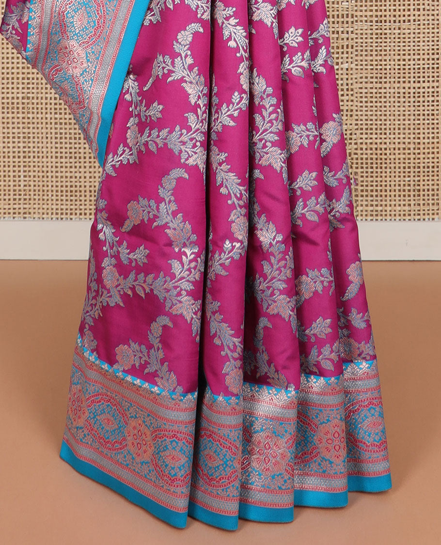 Purple floral jacquard design butter silk saree with contrast intricate zari design border & floral design pallu